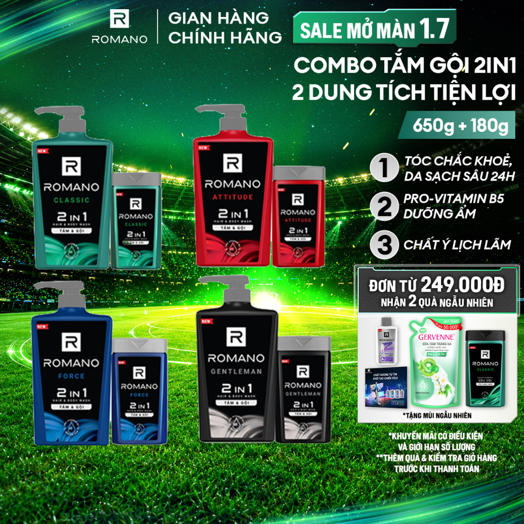 Combo 2 Tắm gội cho nam 2 trong 1 Romano 650g và 180g