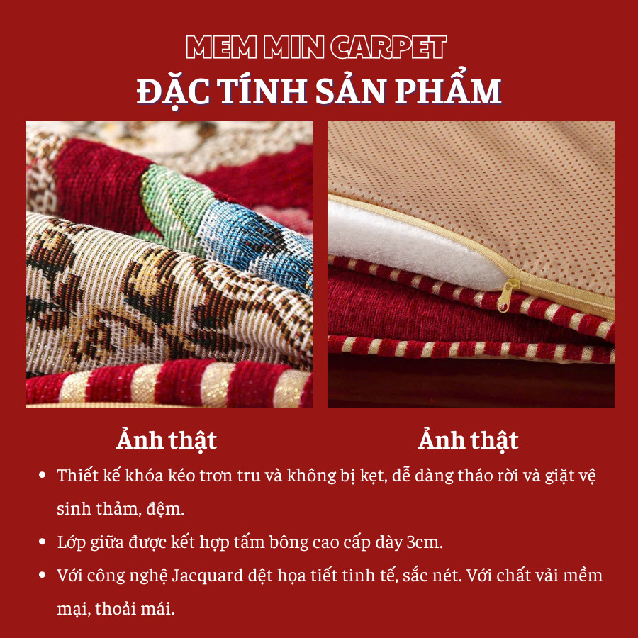 Bộ 3 Thảm Trải Ghế Gỗ Cao Cấp, Sang Trọng - Đệm Ghế - Thảm ghế tây âu MemMinCarpet - TH122