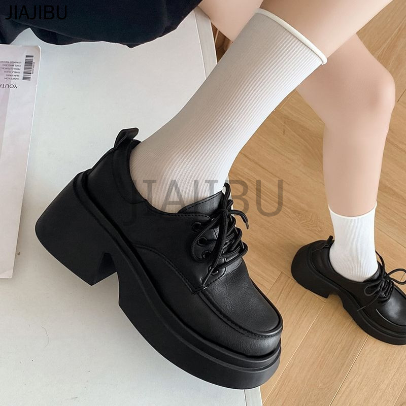 Size 35-42 Giày Oxford Mũi Tròn Chống Trượt Chất Lượng Cao Cỡ Lớn, Buộc Dây Phong Cách Sinh Viên Anh Dành Cho Nữ Korean Fashion Matte / Shiny Platform Mary Jane Shoes Đồng Phục JK Nhật Bản Lolita Giày Da Nhỏ Gót Dày Màu Trắng/đen