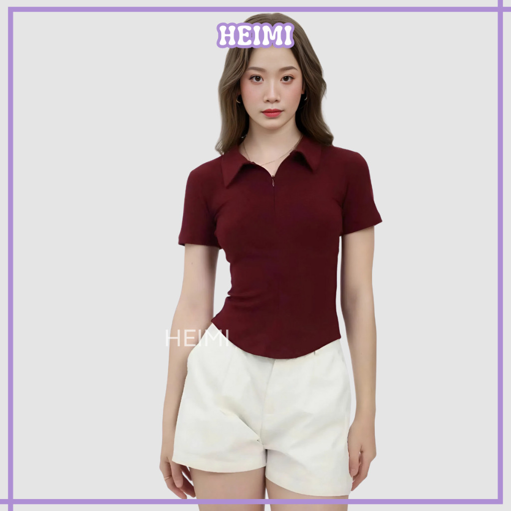 Áo Thun Nữ Cổ Bẻ Phối Dây Kéo Form Ôm Body Chất Vải Thun Cotton Mịn Co Giãn HEIMI