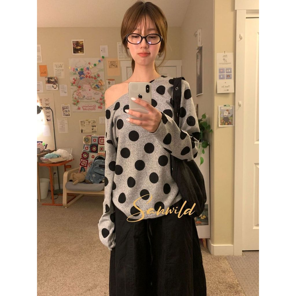 Milyfashion Rời Kích Thước Lớn Thường Ngày Thu Đông Phong Cách Mới Top Nữ Phù Hợp Với Lười Chấm Bi In Hình Cổ Tròn Áo Chui Đầu Đeo Vai Dài Tay