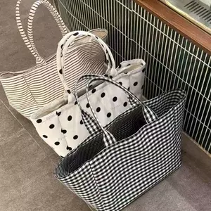 Túi tote vải PYCOU, Túi chấm bi in chấm bi in sọc, Chất liệu vải tote thời trang Kiểm tra in công suất lớn Tote sức chứa lớn Phong cách trẻ trung