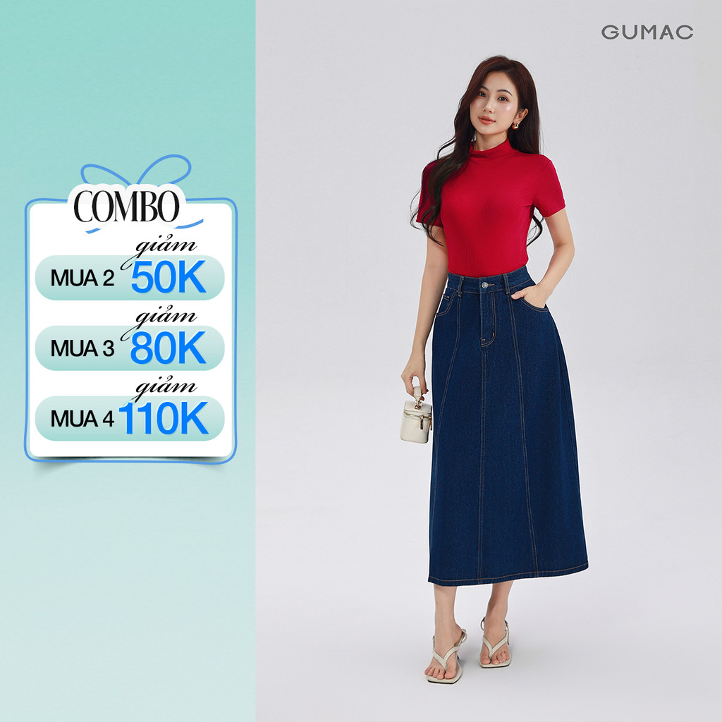 Chân váy jeans GUMAC - Gmorning denim form A midi cách điệu thân trước có túi hàm ếch YVJG04010