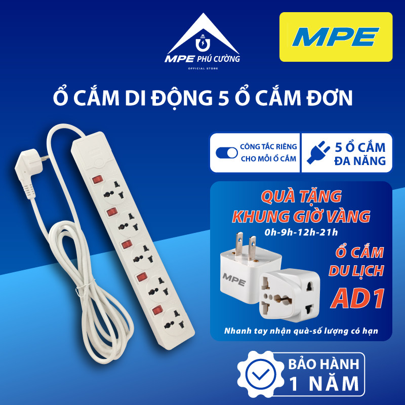 (CHÍNH HÃNG) MPE - Ổ cắm di động 5 ổ cắm đơn đa năng dài 3m công tắc riêng màng an toàn Chính hãng MPE Phú Cường