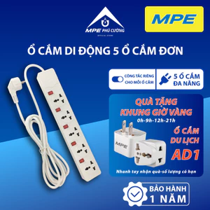 MPE - Ổ cắm di động 5 ổ cắm đơn đa năng dài 3m công tắc riêng màng an toàn Chính hãng MPE Phú Cường