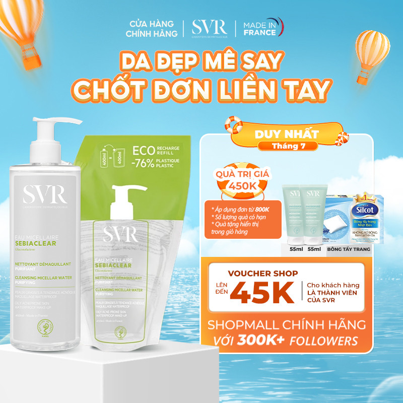 Bộ đôi Nước tẩy trang da dầu mụn SVR Sebiaclear Eau Micellaire 400ML (1 Chai + 1 Túi) (CBG08)