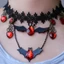WEETW Gothic Choker, Vòng cổ Halloween phong cách đen tối cổ điển, Thời trang Đá đỏ Trái tim đính cườm màu đen Hoa xếp lớp Bông tai dơi Dress-Up