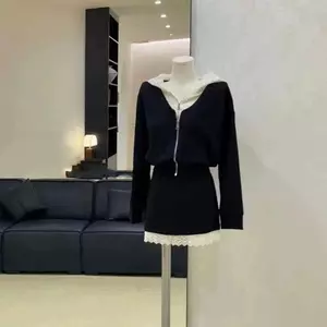 Áo nỉ hai mảnh có ren và mũ trùm đầu thiết kế Sense dành cho nữ Xuân thu eo cao ôm hơn Váy nửa @ -