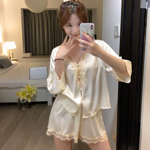 Phụ Nữ Ren Viền Mở Phía Trước Bộ Đồ Ngủ Có Áo Và Quần Short Cho Phòng Ngủ Nghỉ Hàng Ngày Ngoài Trời Thường Ngày Thư Giãn Dịp