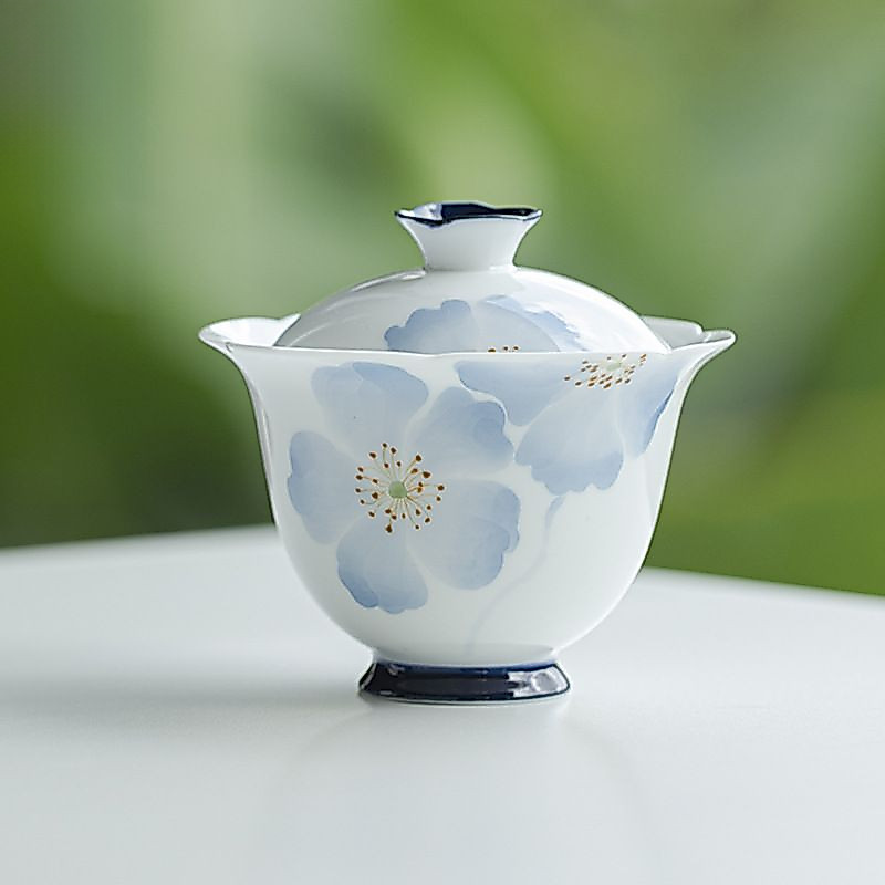 ✨Bộ trà Begonia Flower Gaiwan Kung Fu vẽ tay nguyên chất & Bát trà sứ trắng cao cấp tinh tế & Bộ trà Trung Quốc & Cốc trà