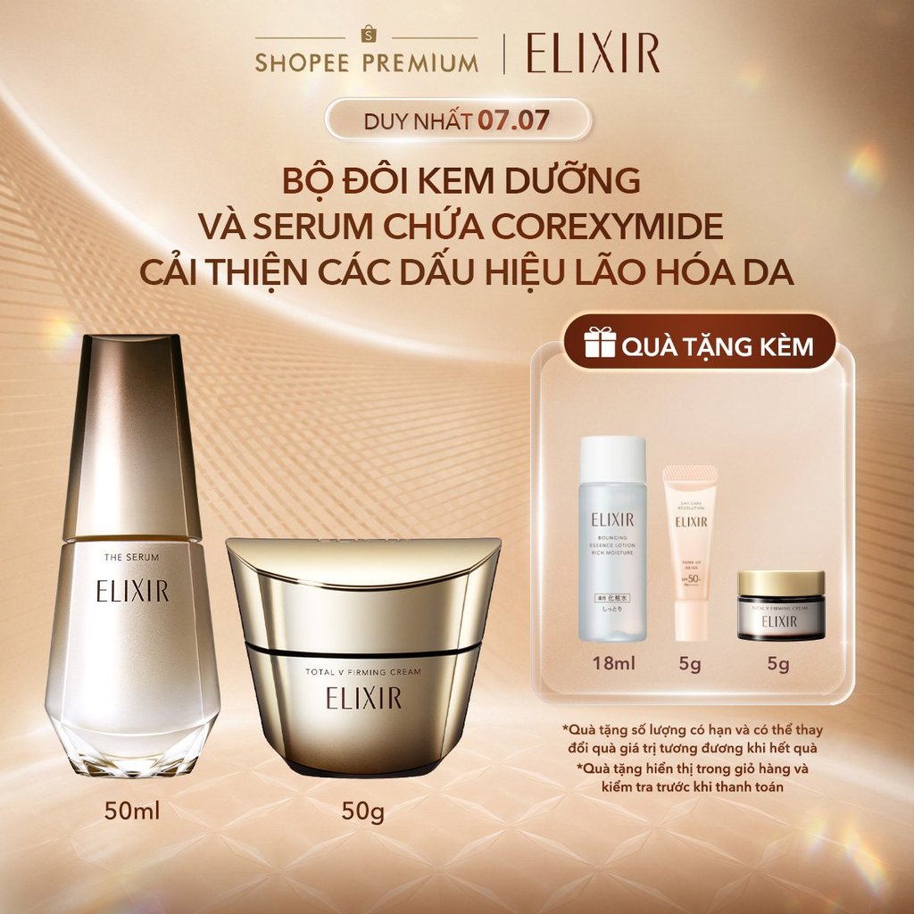 COMBO Serum trẻ hóa làn da Elixir THE SERUM 50ml + Kem dưỡng cải thiện chảy xệ ngừa lão hóa TOTAL V FIRMING CREAM 50g