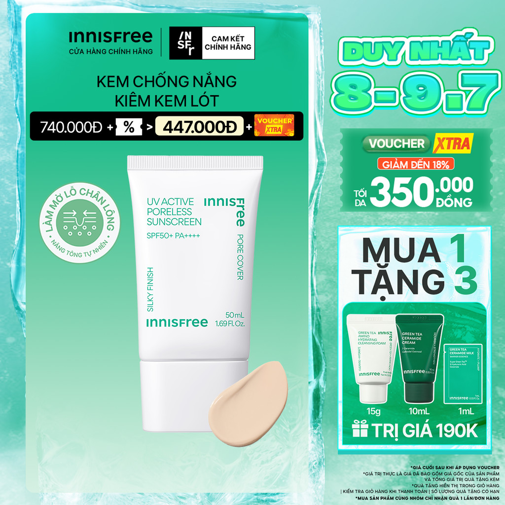 Kem chống nắng kem lót làm mịn lỗ chân lông innisfree UV Active Poreless Sunscreen SPF50+ PA++++ 50 mL
