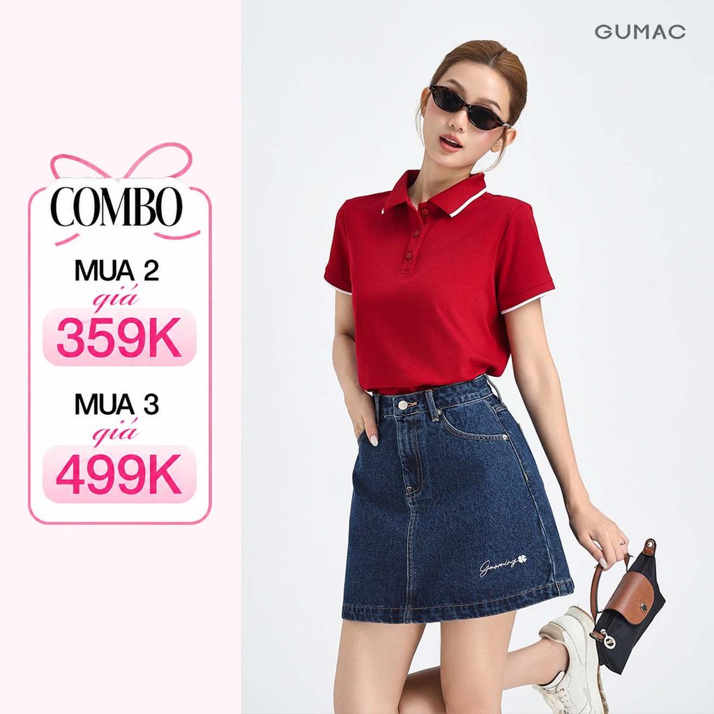Áo Polo Nữ Form Suông GUMAC Cổ Phối Viền Chất Thun Cotton Mịn Thiết Kế Cơ Bản Dễ Phối Đồ PLE03028