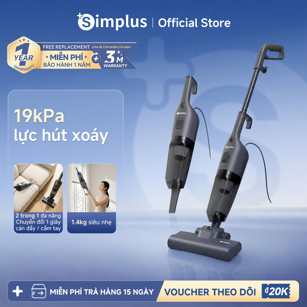 Simplus máy hút bụi đứng  19kPa lực hút mạnh Cầm tay & cán đẩy 2 trong 1 Tự đứng Siêu nhẹ 1.4kg XCQH021