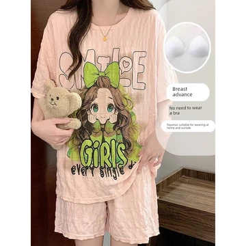 đồ ngủ nữ cute đồ ngủ nữ Đồ ngủ có đệm ngực đồ mặc nhà phong cách Hàn Quốc mặc thường ngày hoạt hình ngọt ngào chui đầu ngắn tay cotton đám mây mùa hè cho nữ bộ đồ hai chiếc