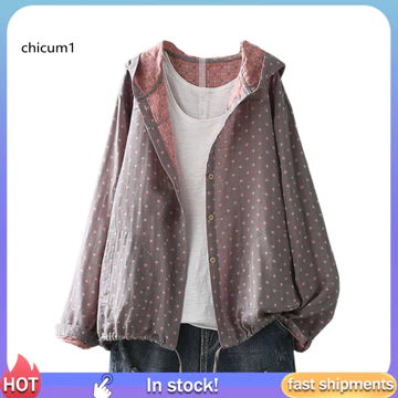 Chicu| Áo khoác ngoài in hình Áo khoác Cotton nữ mùa xuân thu Áo khoác có mũ trùm đầu có dây rút viền dài tay dáng rộng Áo khoác vừa vặn in hình dây kéo Áo khoác ngoài để mặc