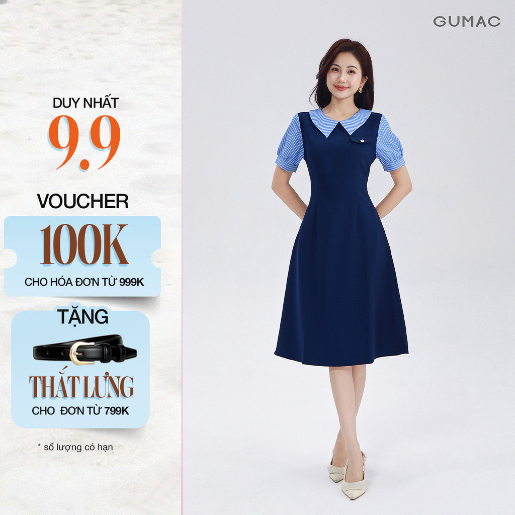 Đầm Chữ A Nữ GUMAC Váy Công Sở Phối Cổ Sọc Thiết Kế Thanh Lịch Chất Tuyết Mưa Có Túi LDF0904