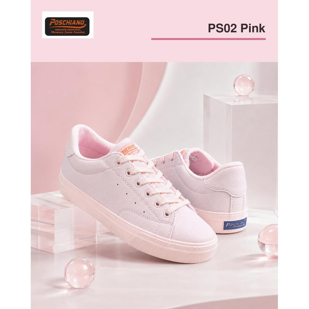 [PS02 Pink] Giày Sneaker Nữ Poschiano Màu Hồng - Da Microfeber Cao Cấp - Đế Cao Su Crepe Chống Trơn Trượt