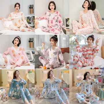 bộ ngủ dài tay nữ bộ đồ ngủ nữ dài tay Đồ ngủ cotton mùa xuân thu đồ ngủ cotton 100% cotton dài tay kiểu mỏng mùa hè cho nữ bộ đồ ngắn tay đồ mặc nhà cho nữ
