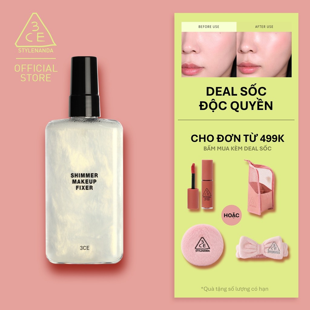 Xịt Khóa Nền 3CE Shimmer Makeup Fixer Tia Sương Mỏng Nhẹ, Bền Chắc Lâu Trôi, Hiệu Quả Giữ Ẩm Căng Bóng