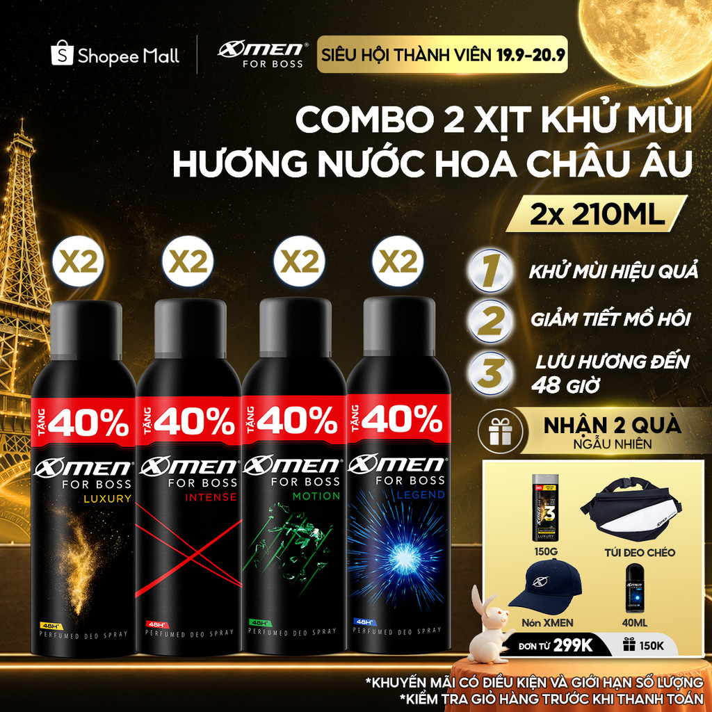 [Tặng thêm 40% dung tích] Combo 2 Xịt khử mùi X-Men For Boss 210ml/chai Khô Thoáng Lưu Hương 48H