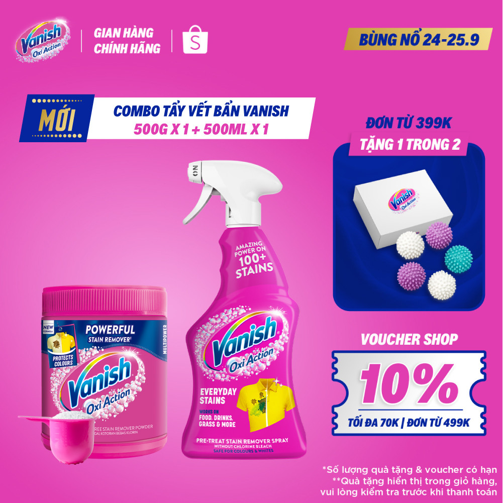 Combo 1 Bột Tẩy Vết Bẩn Quần Áo Oxi Action 500g+1 Xịt Tẩy Vết Bẩn Trước Khi Giặt Vanish Oxi Action Everyday Stains 500ml