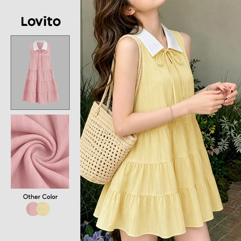 Lovito Đầm phong cách thường ngày phối màu xếp ly mùa xuân/hè cho nữ L198ED989