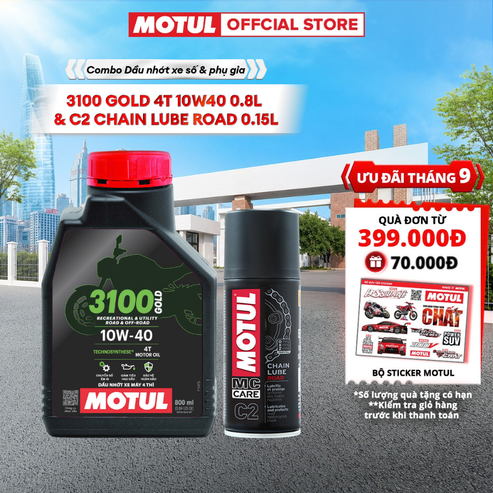 Combo Dầu nhớt xe máy MOTUL 3100 GOLD 4T 10W40 0.8L và Xịt sên / xích MOTUL C2 CHAIN LUBE ROAD 0.15L