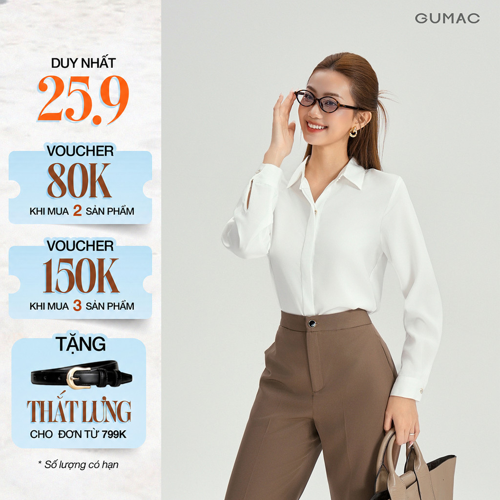 [MUA 2 GIẢM 80K] Áo Sơ Mi Nữ Tay Dài GUMAC Áo Kiểu Công Sở Lụa Trơn Basic Cơ Bản Nẹp Đôi Giấu Nút BAE00003
