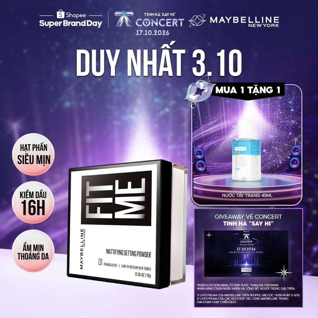 Phấn phủ bột "filter" cà da, kiềm dầu, chống nước, lâu trôi 16H Fit Me Mattifying Setting Powder Maybelline New York 10g