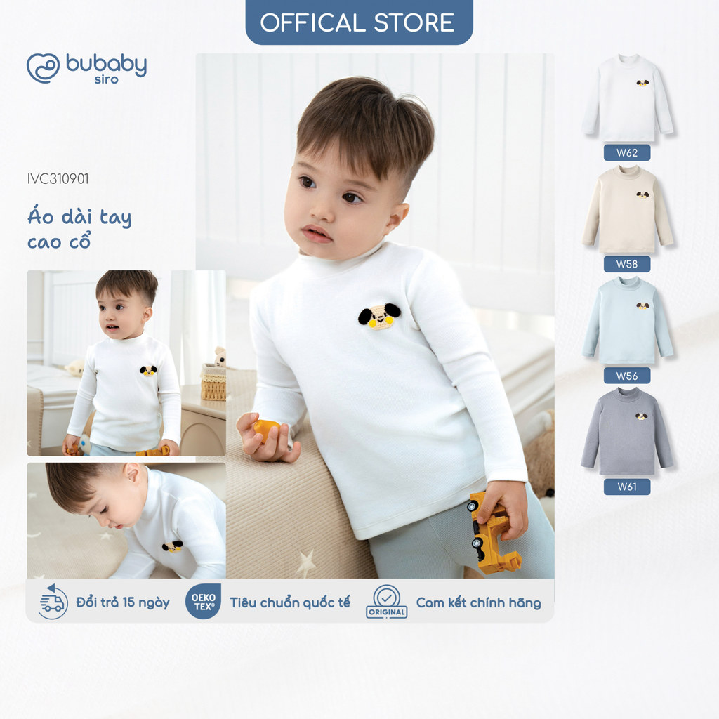 Áo dài tay cao cổ thêu gấu BU Baby, áo giữ nhiệt, áo ấm cho bé, áo thu đông bé trai | IVC310901