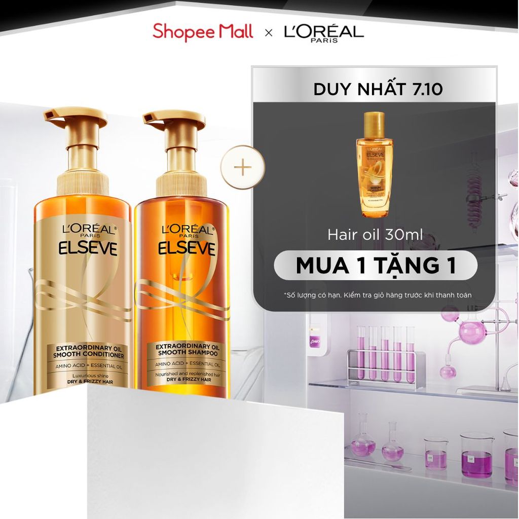 Bộ gội xả dưỡng tóc suôn mượt cao cấp L'Oreal Paris Extraordinary Oil Smooth 440ml x2