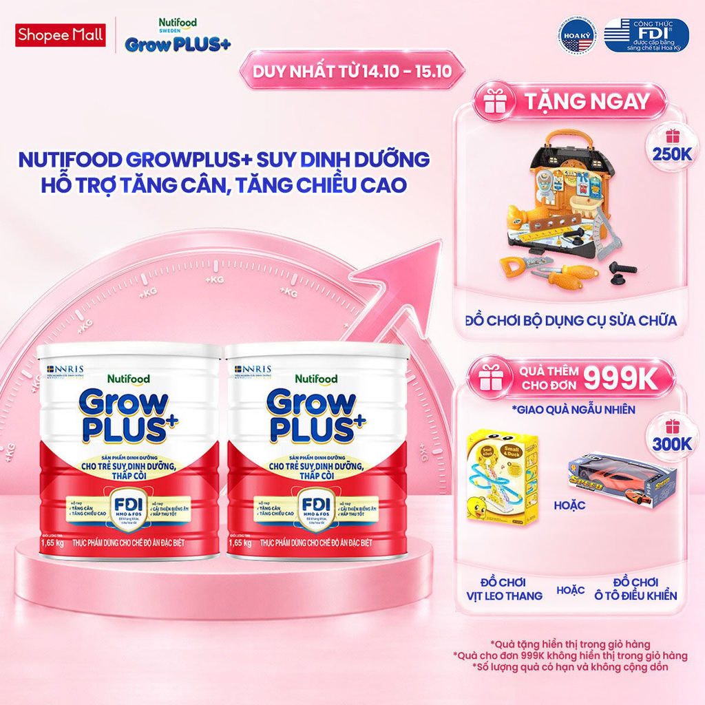 Combo 2 Sữa bột Nutifood GrowPLUS+ Suy Dinh Dưỡng (Đỏ) 1+ - Tăng Cân, Tăng Chiều Cao (2 Lon 1,65 Kg)