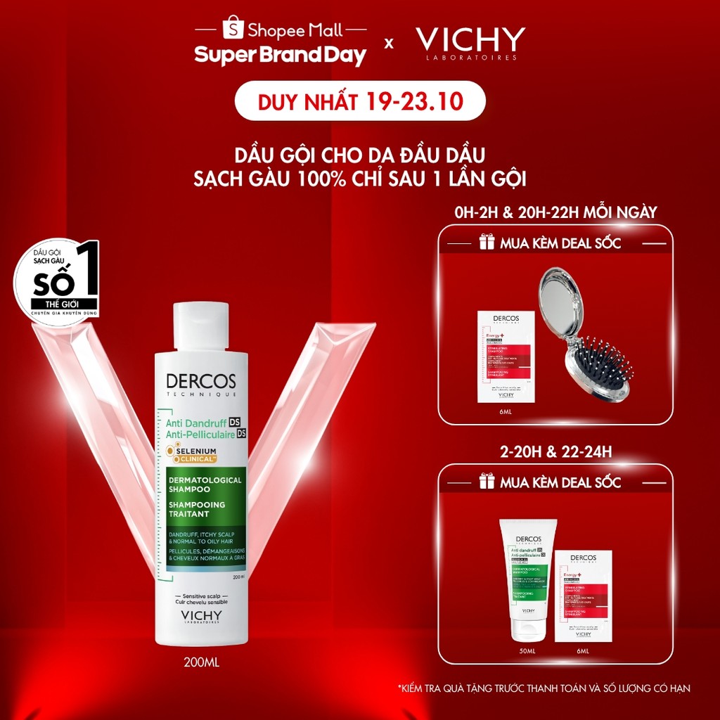 Dầu gội sạch gàu Dercos VICHY 100% chỉ sau 1 lần gội dành cho da dầu & ngứa, SỐ 1 Việt Nam chuyên gia khuyên dùng 200ml