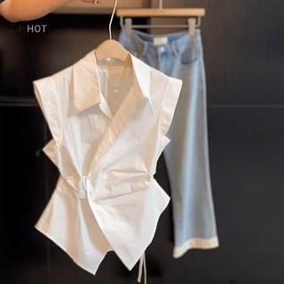 Áo sơ mi không tay phong cách Pháp, cinch eo sang trọng dành cho nữ