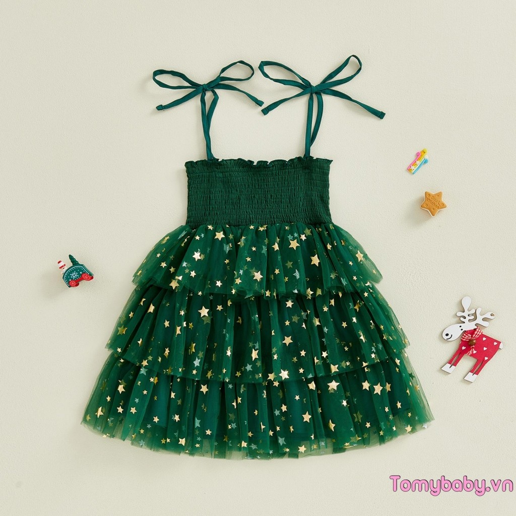 Bé Gái Tập Đi Giáng Sinh Một Dòng Đầm In Hình Ngôi Sao Không Tay Dây Buộc Dây Đeo Smocked Tulle Bánh Váy