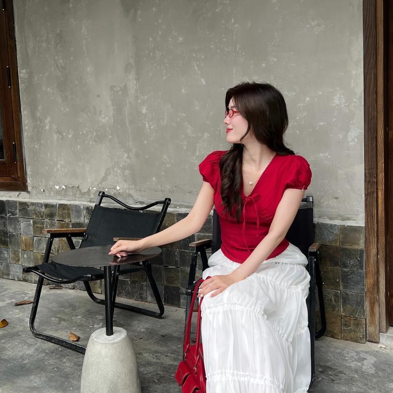 Áo Kiểu Linen Nữ Cổ V Chi Tiết Gắn Nơ Viền Ren Sang Chảnh Mùa Hè-MA 210