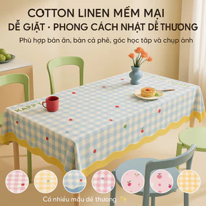 Khăn trải bàn họa tiết caro xanh vàng chấm bi | Vải cotton linen mềm mại, phong cách Nhật dễ thương, dễ giặt, trang trí bàn ăn, bàn cà phê