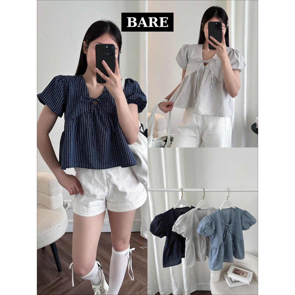 Áo Babydoll Sọc Tay Bồng Buộc Nơ – Kiểu Cổ Chữ V Thắt Nơ Form Xòe Freesize Vintage_A551