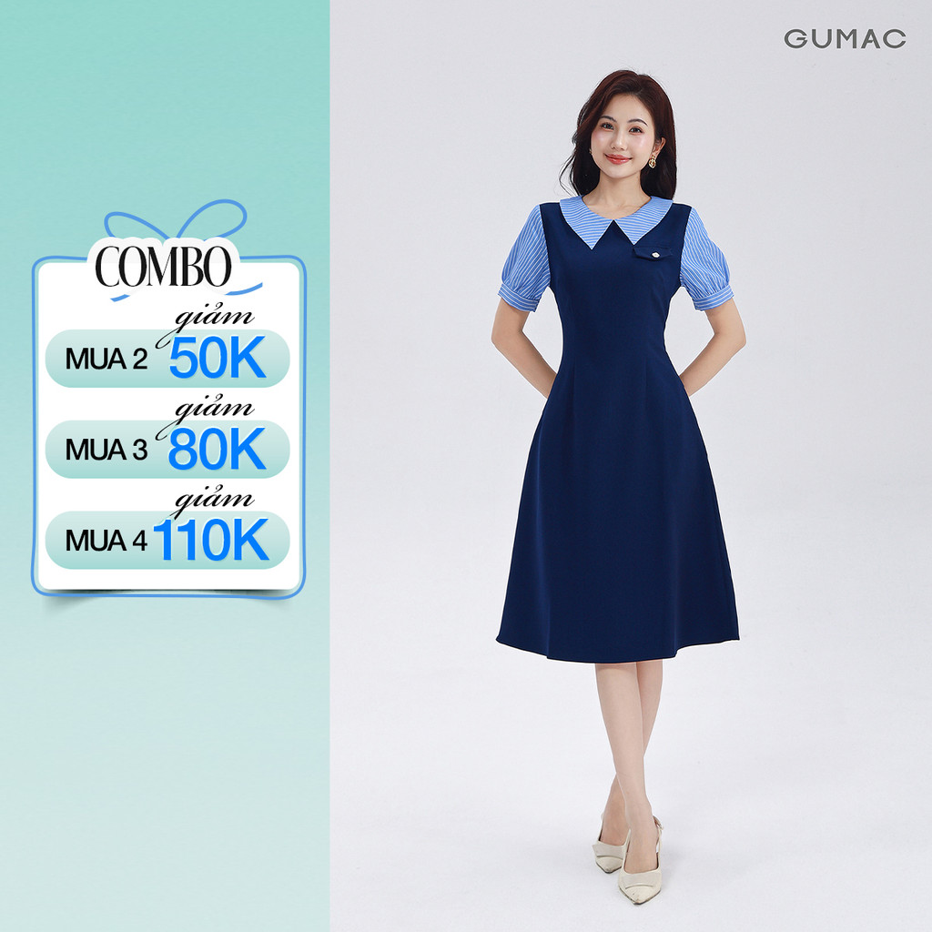 Đầm Chữ A Nữ GUMAC Váy Công Sở Phối Cổ Sọc Thiết Kế Thanh Lịch Chất Tuyết Mưa Có Túi LDF0904