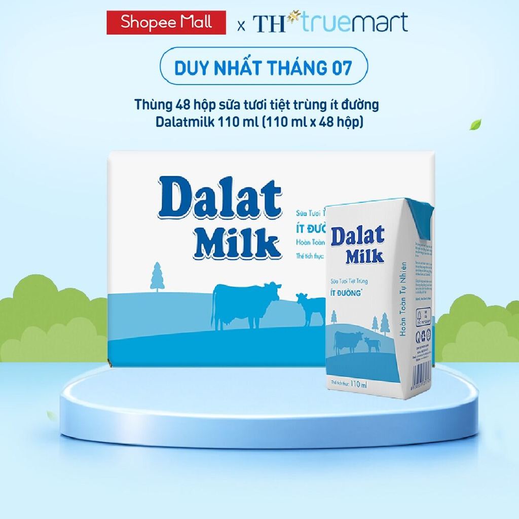 [Freeship HCM, HN, ĐN] Thùng 48 hộp sữa tươi tiệt trùng Dalatmilk ít đường 110 ml (110 ml x 48)
