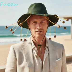 FUJIOU Mũ Nút Chai Úc, 12 Hạt Gỗ UV Bóng Vải Aussie Bush Cap, Vành Rộng Sunhat Thoáng Khí Nhẹ Có Thể Điều Chỉnh Dây cằm Tua Rua Nút Chai Safari Jungle Travel