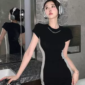 Đầm ngắn tay thuần khiết kiểu Pháp mùa hè phong cách Hàn Quốc Hot Girl Túi rộng hẹp Mông ôm vừa vặn Váy ngắn gọn Váy dài vừa vặn dành cho nữ