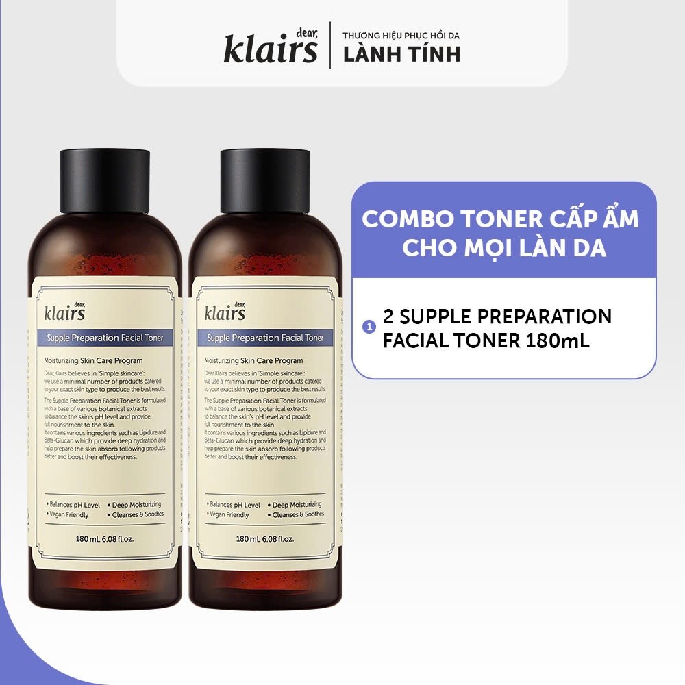 Combo 2 Nước hoa hồng Dear, Klairs Supple Preparation Facial Toner cấp ẩm hỗ trợ làm sáng da 180ml/chai [FS]