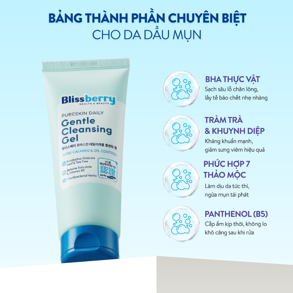 [DA DẦU MỤN] Sữa Rửa Mặt BHA PH 5.5 Dịu Nhẹ Giảm Mụn+ B5 Duy Trì Độ Ẩm Blissberry Daily Gentle Cleansing Gel 100ml