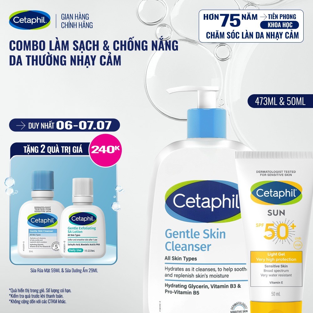 Combo Sữa rửa mặt CETAPHIL GENTLE SKIN CLEANSER 473 ML + Gel chống nắng cho da nhạy cảm Cetaphil Sun SPF 50+ Light Gel