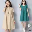Mùa hè 2026 Plus size Phong cách Hàn Quốc Vải lanh Cotton màu trơn Váy dài vừa phải dáng rộng chữ A che thịt Ôm hơn Nhìn văn học lười tay ngắn Plus size S