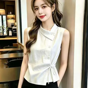 Áo sơ mi voan không tay có dây buộc mùa hè 2026 kiểu Pháp mỏng Slim-Fit Slim-Fit Slimer Look-Reducing Niche Hợp thời trang sang trọng Áo Vest phù hợp cho nữ