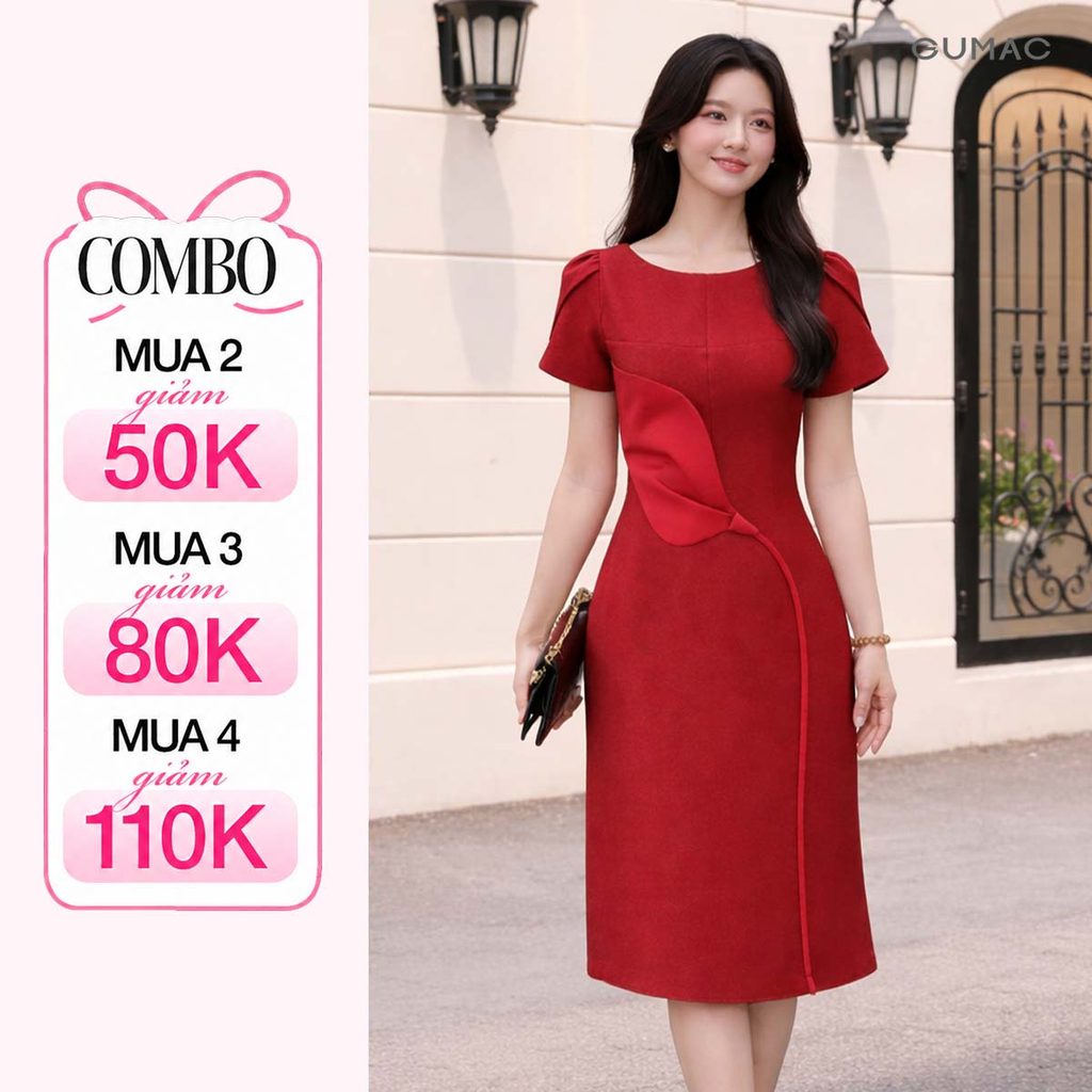 Đầm Nữ GUMAC Dáng A Cổ Thuyền Phối Tay Cách Điệu Hình Cánh Hồng Không Túi LDF1008
