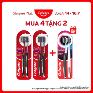 Bộ 4 bàn chải Colgate trắng răng Optic White Purple/ Optic White đầu chải rộng, lông chải 2 tầng xoắn kép